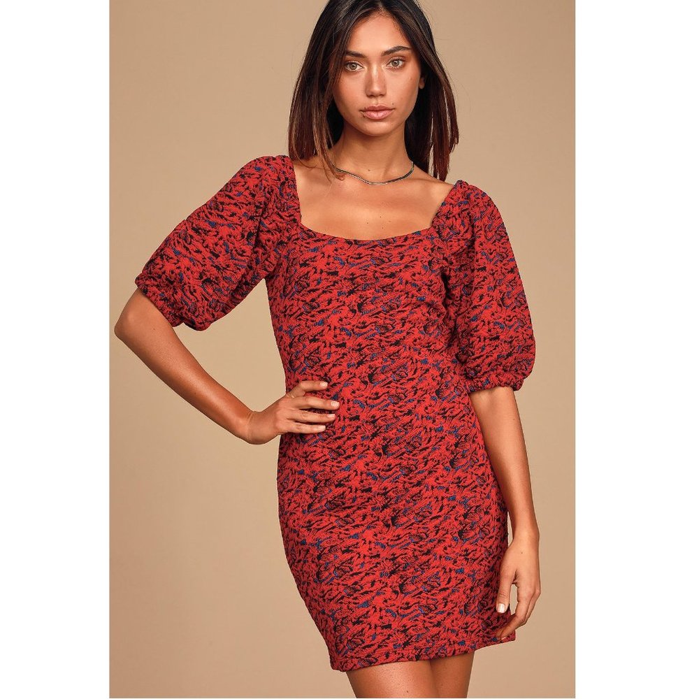NEW Free People Sunset Red Puff Sleeve Mini Dress